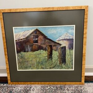 Colored Chalk Drawing Barn & Silo Artist Signed Annette Stubbs Burl Wood Frame